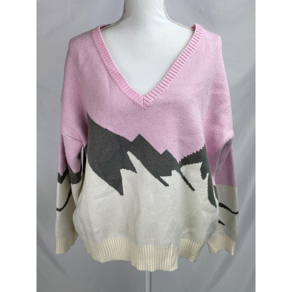 Beach Riot Joey Sweater Alpine Fairy Tail Women MEDIUM Pink Gray Mountain V-Neck